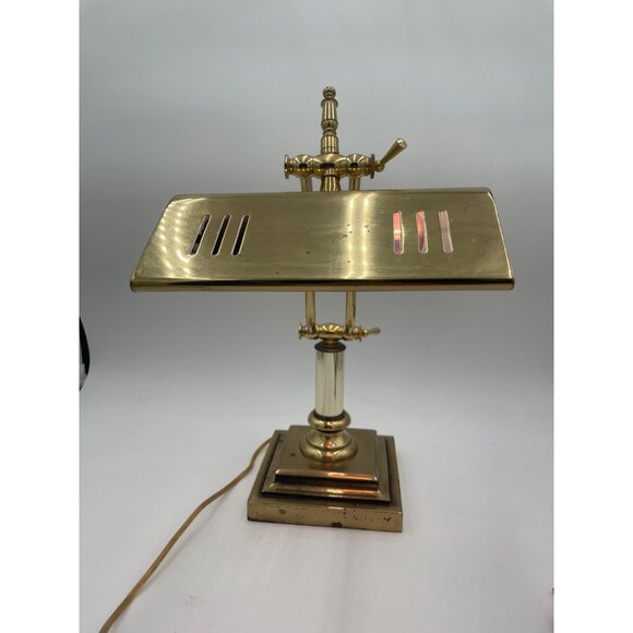 Vintage Brass Bankers Adjustable Knuckle Desk Lamp Slotted Shade Art Deco Design